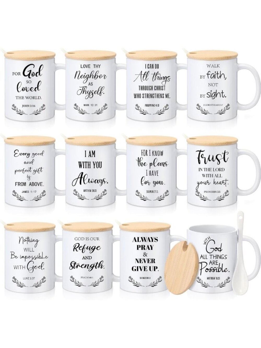 12 Sets Inspirational Religious Coffee Mugs 12oz with Bible Verses & Spoon